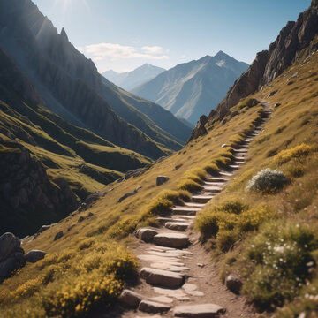 Gebirge - Wanderweg mit Blick auf felsige Gipfel