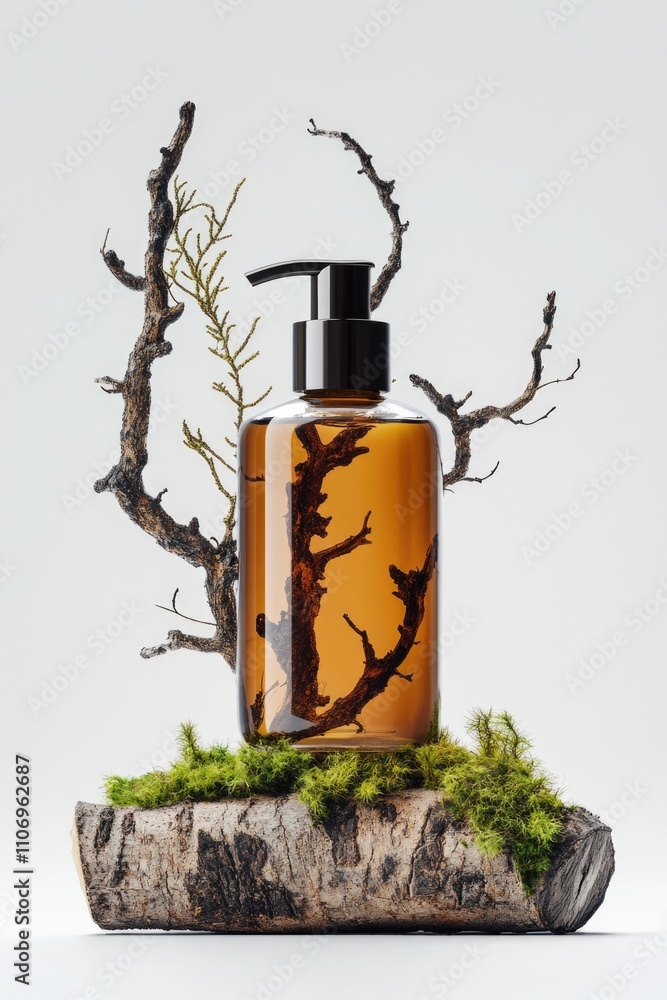 Poster bottle of lotion is displayed on a log with moss growing on it. the bottle is surrounded by branches