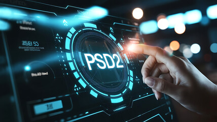 Businessman Interacting with Virtual PSD2 Interface, Representing Open Banking and Secure Payment Services, Directive Two, fintech, digital finance, secure transactions

