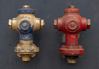 Fototapeta premium Two brass fire hydrants, one with a blue top and the other a red top.