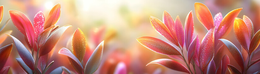 Fototapeta premium Vibrant Red and Orange Leaves, A Dew-Kissed Botanical Illustration in Warm Sunlight