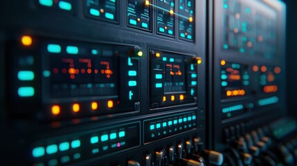 A professional image of an energy control panel glowing with blue LED lights, showcasing modern power distribution technology, with ample copy space