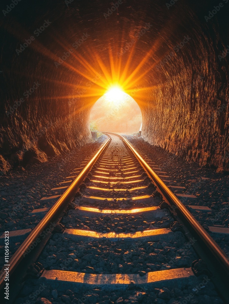 Poster train track with a tunnel in the middle. the tunnel is illuminated by the sun. the train is not visi