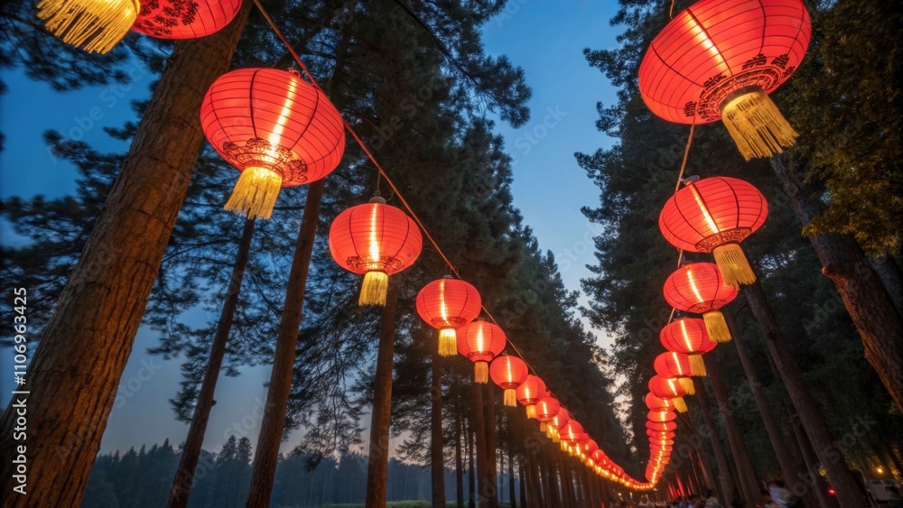 Poster row upon row of red lanterns are suspended between tall trees their warm illumination contrasting be
