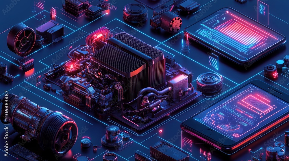 Poster futuristic engine components and digital interfaces.