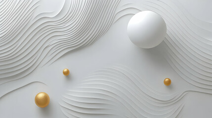 Abstract White Wave Background with Golden and White Spheres, Elegant Minimalist Design