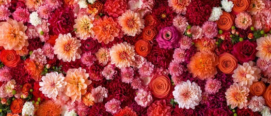 Handmade floral wall background featuring vibrant red, orange, pink, purple, green, and white chrysanthemum flowers beautiful wedding decoration and event backdrop