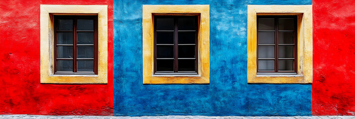 Fototapeta premium Vibrant Building Facade, Three Windows Framed in Yellow, Red and Blue Walls