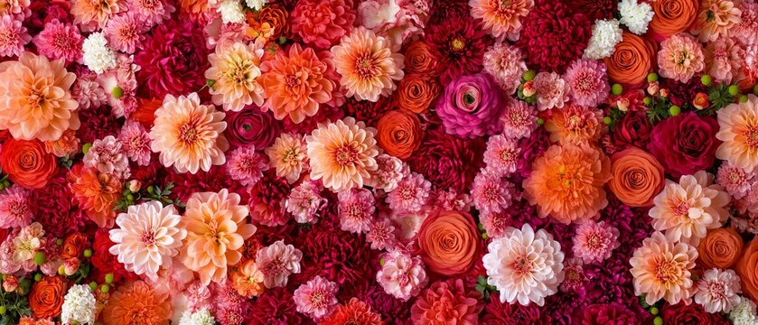 Handmade floral wall background featuring vibrant red, orange, pink, purple, green, and white chrysanthemum flowers beautiful wedding decoration and event backdrop