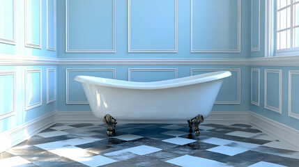 Elegant Clawfoot Tub in a Blue Paneled Bathroom, A serene and stylish bathroom interior design featuring a classic white bathtub