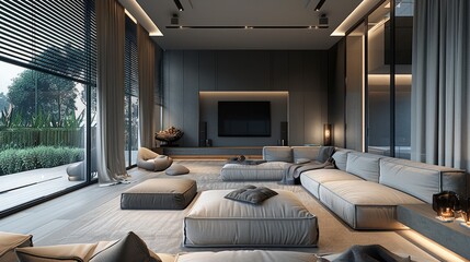 Modern home theater with large seating area, comfortable sofas and armchairs, tall windows with blinds, dark gray walls, white ceiling with LED lighting, interior design.