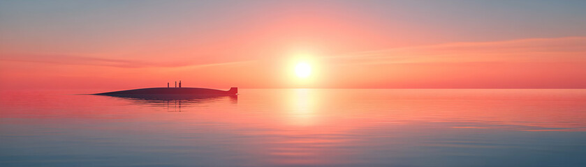 Fototapeta premium Submarine at Sunset, A Digital Painting of a Vessel Silhouetted Against a Vibrant, Calm Ocean at Dusk