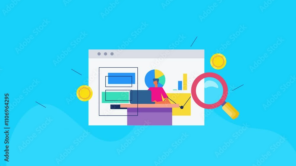 Poster financial statement and business report, man with laptop monitoring market and sales data metrics wi