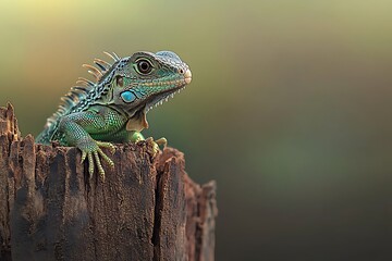 Fototapeta premium Green Iguana Perched Atop Weathered Wooden Stump