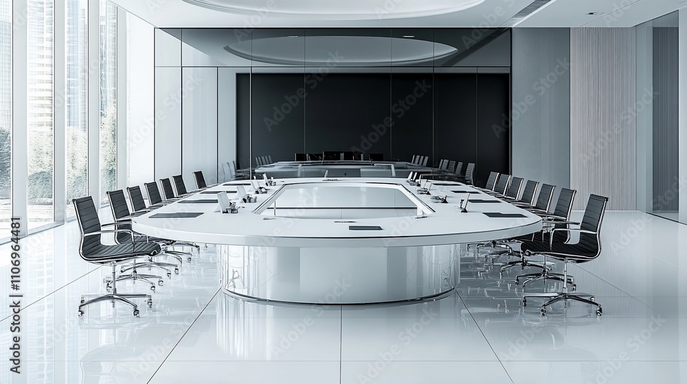 Poster modern conference room with a large circular table and chairs.