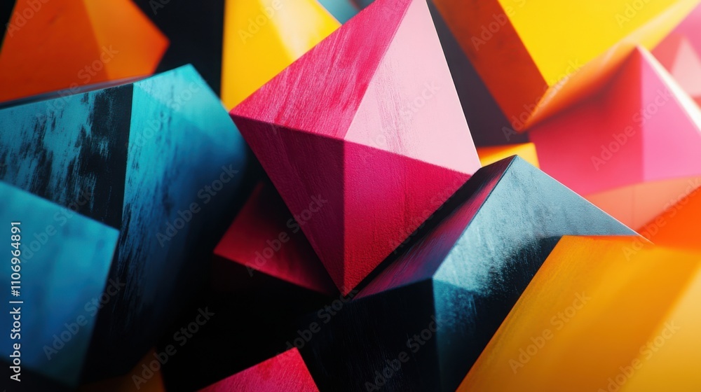 Poster a set of geometric polygons in bright, vibrant colors, overlapping in an abstract design