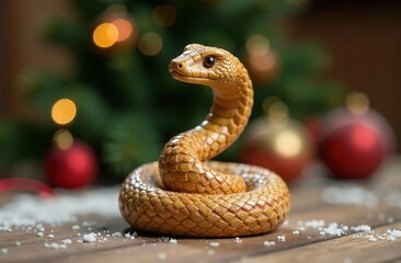 Fototapeta premium A handmade wooden snake figurine symbolizing renewal and good luck in the coming year and giving your festive events a touch of artistry. A Christmas tree is visible in the background.