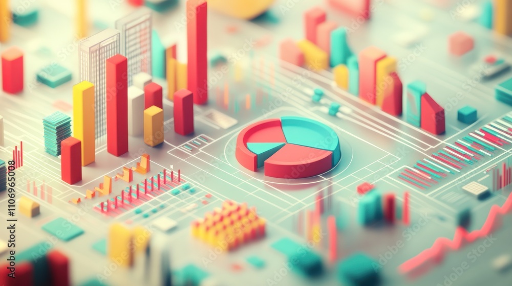 Leinwandbilder A colorful 3D representation of data analytics with charts and graphs.