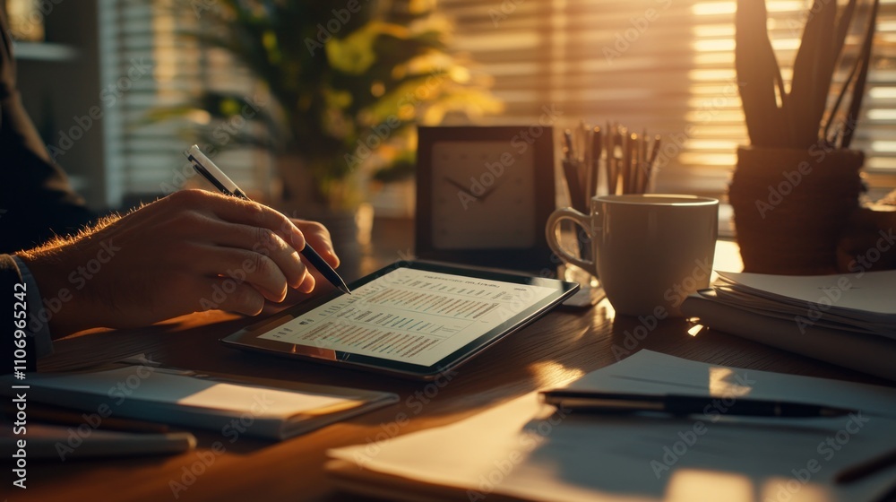 Aufkleber a person working on a tablet in a well-lit office setting with plants and stationery.