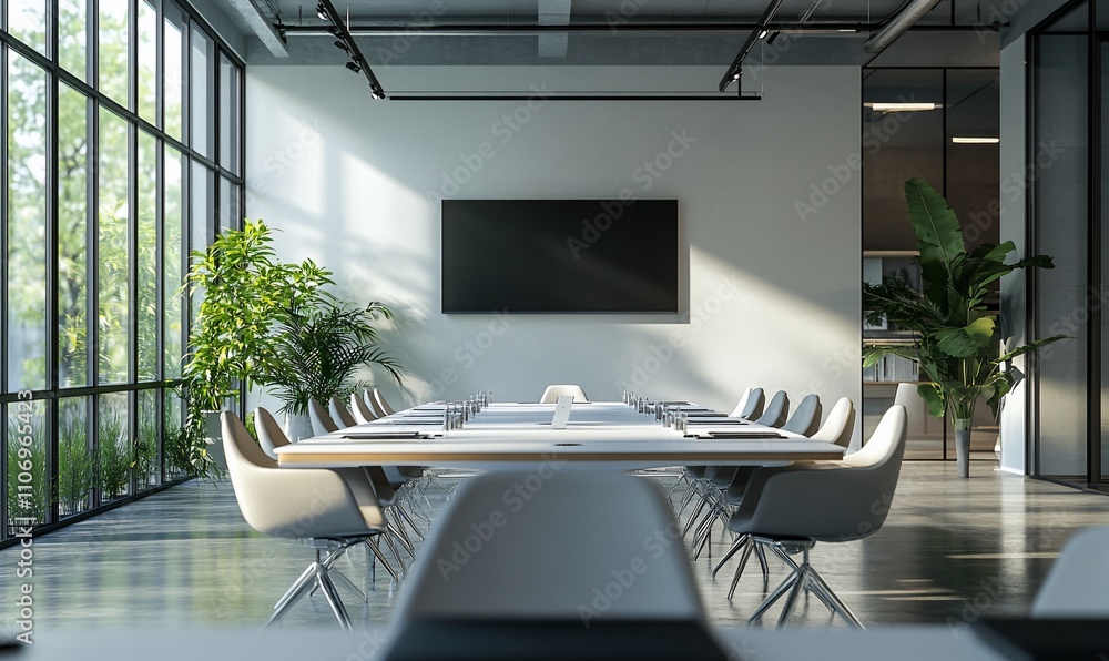 Poster modern conference room with a long table and large windows.