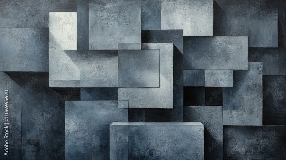 Poster overlapping rectangles in various shades of gray, creating depth and texture
