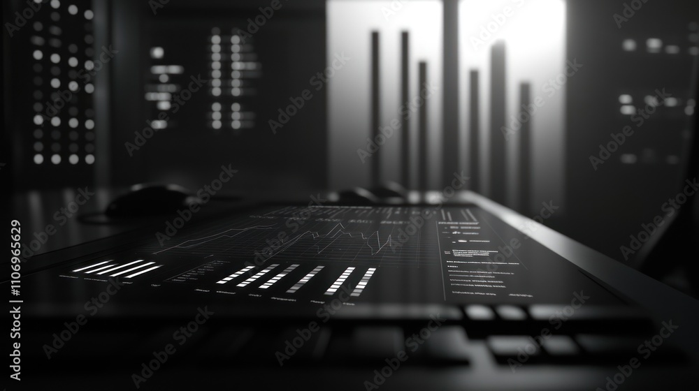Aufkleber A close-up of a digital interface displaying data and graphs in a futuristic setting.