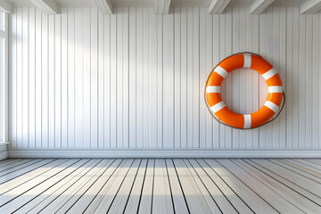 Orange Lifebuoy on White Shiplap Walls, Nautical Room Interior Design