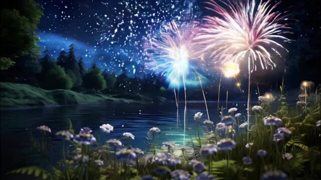 Festive brightly colorful fireworks on twilight background high in sky