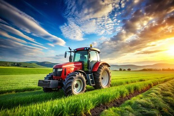 Fototapeta premium High Depth of Field Image of a Modern Agriculture Tractor in a Lush Green Field Surrounded by Crops Under a Bright Blue Sky, Capturing the Essence of Farming Life and Machinery