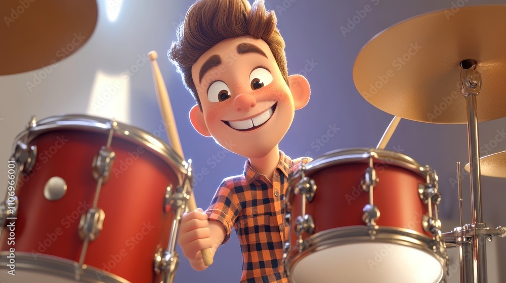 Poster a cheerful animated boy playing a drum set, expressing joy and enthusiasm for music.