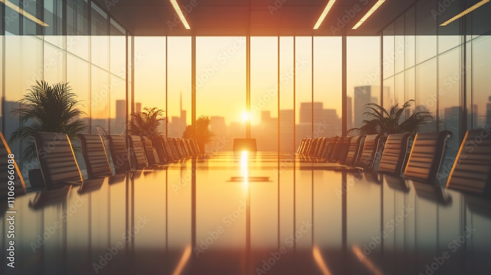 Poster modern conference room with sunset view and reflective table surface.