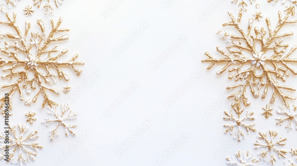 Poster golden snowflake symmetry on white background with copy space