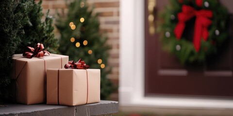 Elegant christmas delivery with gift boxes and festive wreath decor at doorstep
