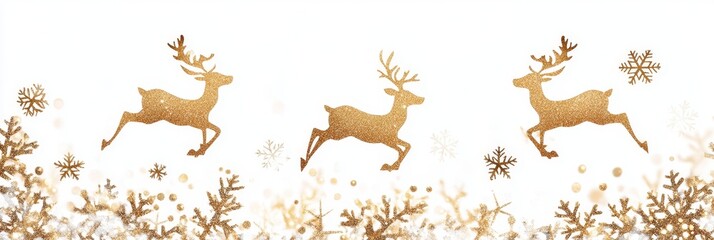 Festive Golden Reindeer and Snowflake Border on White Background with Copy Space