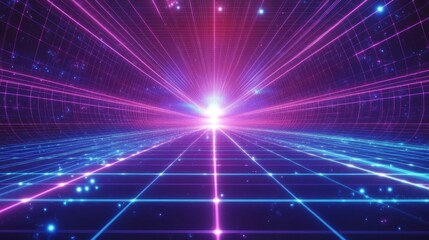 Fototapeta premium Futuristic neon grid tunnel with glowing lines and particles.