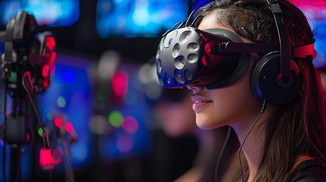 A student wearing a VR headset engaged in an interactive educational simulation Stock Photo with side copy space