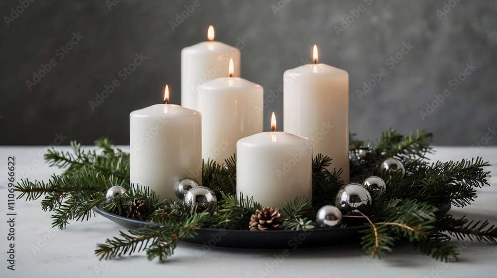 Wall mural A modern holiday setup featuring white candles, evergreen sprigs.