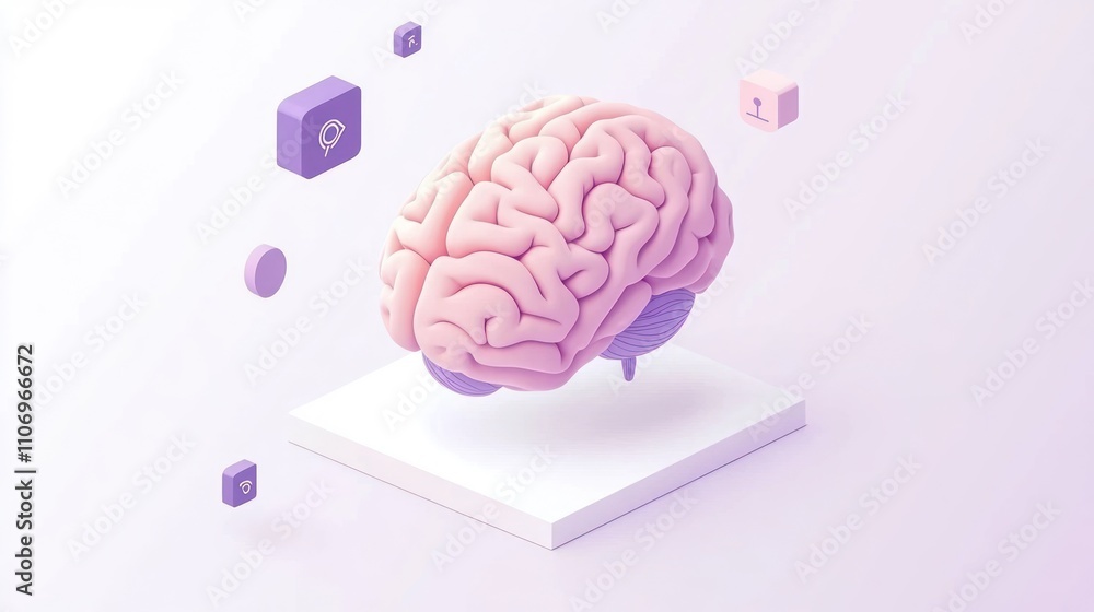 Poster a stylized 3d brain surrounded by icons representing knowledge and technology.
