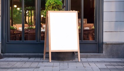 The white paper poster mockup displayed outside the restaurant building