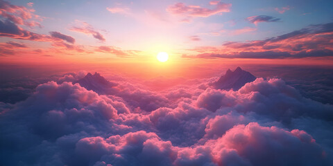 Obraz premium Sunset Peaks Above a Sea of Clouds, A Dreamy Pink and Purple Celestial Landscape