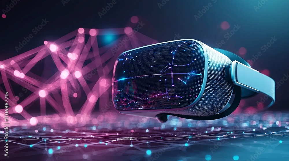 Poster An abstract visualization of AR and VR devices connected in a seamless digital network Stock Photo with side copy space