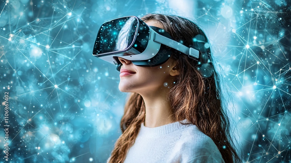 Poster An abstract visualization of AR and VR devices connected in a seamless digital network Stock Photo with side copy space
