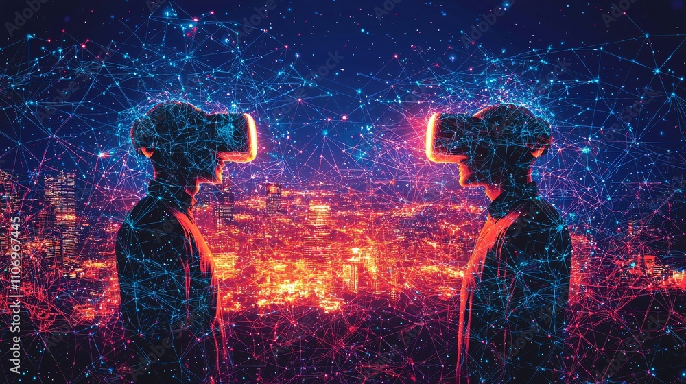 Poster An abstract visualization of AR and VR devices connected in a seamless digital network Stock Photo with side copy space