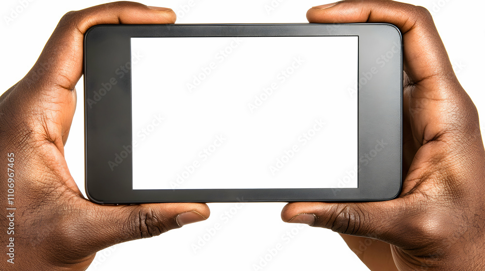 Poster hands holding tablet with blank screen, digital device display mockup for versatile applications
