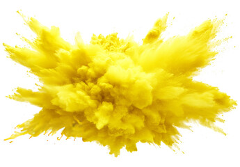 bright yellow paint color powder festival explosion burst isolated white background. industrial print concept background	