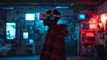A gaming studio showcasing developers creating immersive VR experiences for players Stock Photo with side copy space