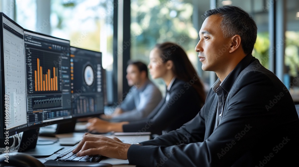 Poster professionals analyzing data on multiple screens in a modern office.
