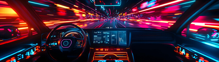 Obraz premium Neon City Nightscape, A High-Speed Drive Through Vibrant, Illuminated Streets