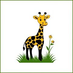 Obraz premium Cute Cartoon Giraffe Standing on Grass Surrounded by Flowers, Ideal for Children's Designs, Educational Materials, or Animal-Themed Projects