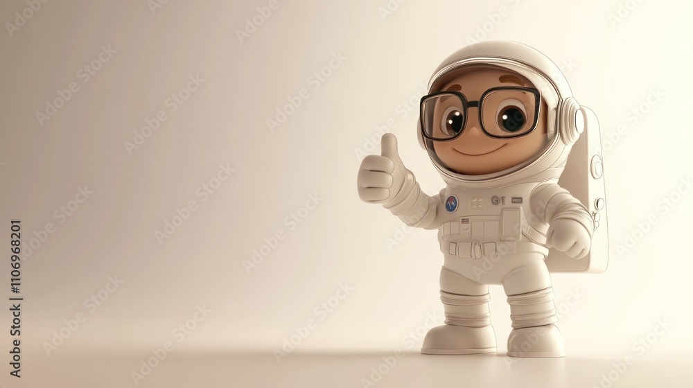 Poster a cheerful cartoon astronaut character giving a thumbs-up in a minimalist setting.